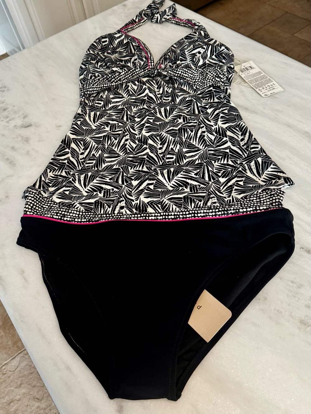 Gottex Black & Ivory Leaf-Print Tankini with Pink Waist Accent